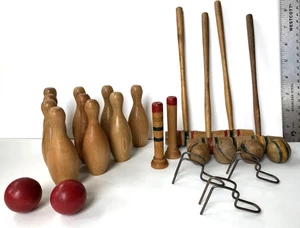 Antique Wooden Mini Tabletop Bowling Pins 2 Ball 10 Pin & Croquet Set 1:4 Scale - Picture 1 of 11