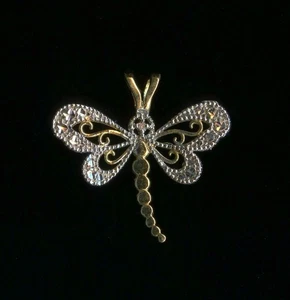 New 10K 19mm Solid Yellow White Gold Natural Diamond Dragonfly Wing Pendant -CZ - Picture 1 of 2