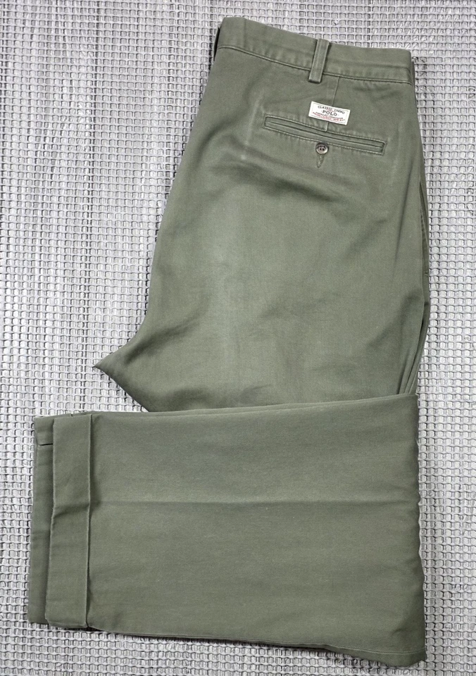 Pantalones De Colección Polo Ralph Lauren Para Hombres 36x32 Hammond Chino Plisados Puños Verde Oliva Foto 1 de 4