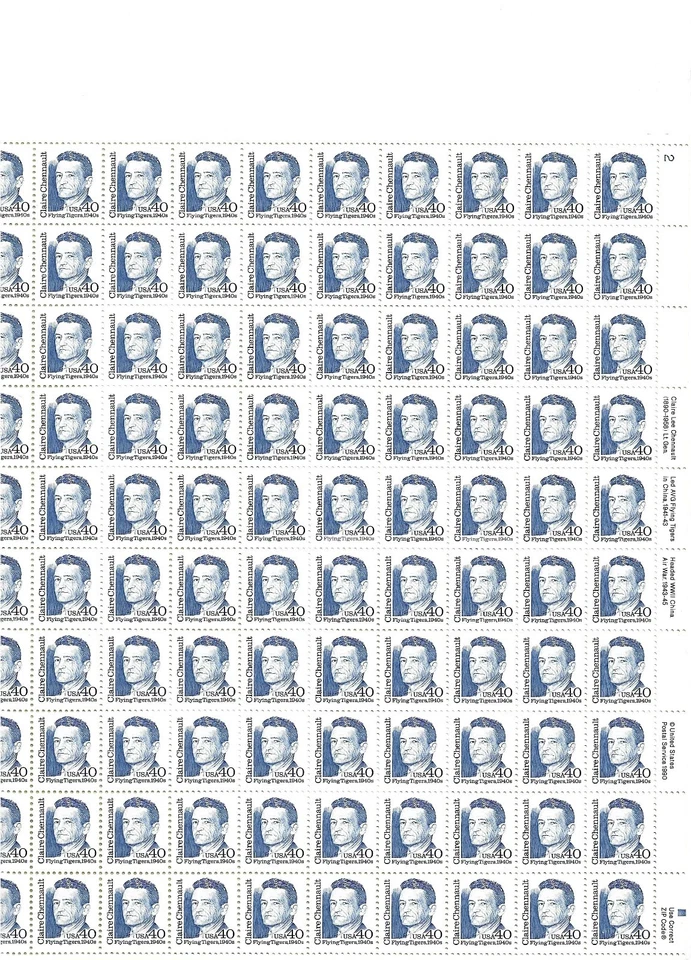 #2187 40c GREAT AMERICAN CHARLES CHENNAULT PANE OF 100 MNH - Image 1 of 1