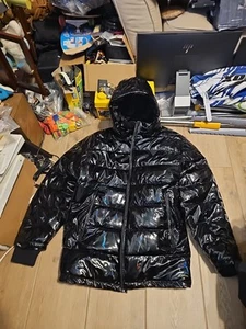 GUESS Men Regular fit Puffer Jacket Coat 3XL Shiny Glossy Black Rainbow Sheen - Picture 1 of 20