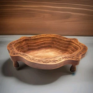 Handgeschnitzter Holz faltbarer Obstkorb Klappschale mit Fuß abgestuft gewellt  - Bild 1 von 7