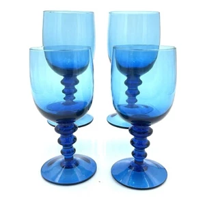 Vintage Hand Blown Italian Blue Glass Water Goblets Wine Glasses Set 4 Disk Stem - Picture 1 of 9