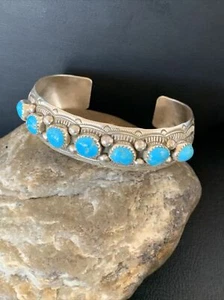 Blau Kingman Türkis 7 Steine Navajo Sterlingsilber Armreif Armband 12163 - Bild 1 von 12