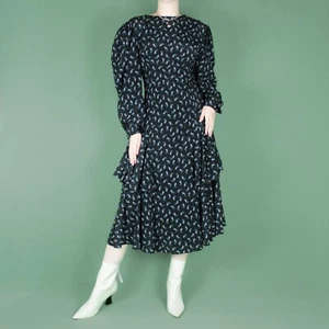 VINTAGE 80s Midi Black Paisley Ruffle Frill Midi glam Retro Dress XS 8 small - Picture 1 of 11