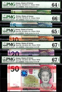 Jersey 1, 5, 10, 20, 50 Pound 2010 MATCHING LOW # 000922 GEM UNC PMG 64 - 67 EPQ - Picture 1 of 3