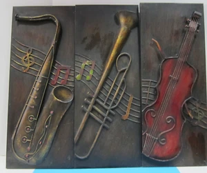 Saxaphone, Trumpet, Violin 3D Metal Wall Art Panels 29.5" X 12" each  (3 Panels) - Picture 1 of 5