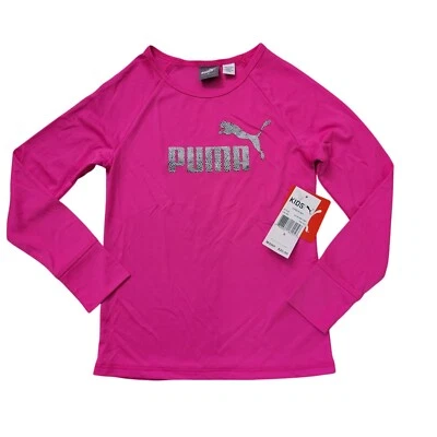 Puma Long Sleeve Pink Glo T Shirt With Leopard Print Logo Tee Stretch Lightweigh - Image 1 of 4