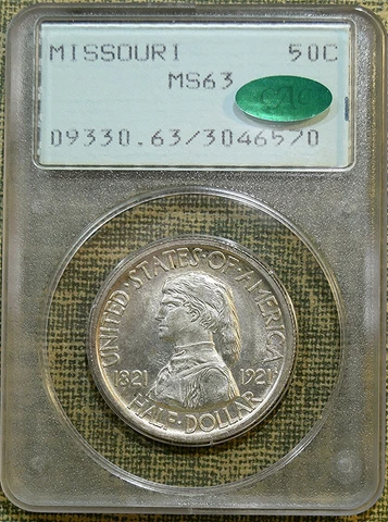 1921 PCGS MS63 Missouri Commemorative Half Dollar - Rattler - CAC Stickered Cover