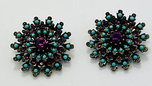 La Vintage Kathy Levine Blue turquoise Purple Crystal Floral Clip Earrings - Picture 1 of 10