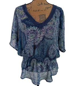 ana Top MED Blue Floral Print Semi Sheer Ruch Waist Crochet Neckline Blouse - Picture 1 of 5
