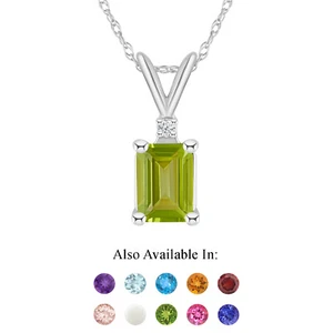 14K White Gold 7x5mm Emerald Cut Natural Peridot Diamond Accent Pendant Necklace - Picture 1 of 4