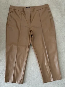 M&S Praline Tan Brown Faux Leather Straight Leg Ankle Evie Trousers Size 22R VGC - Picture 1 of 5