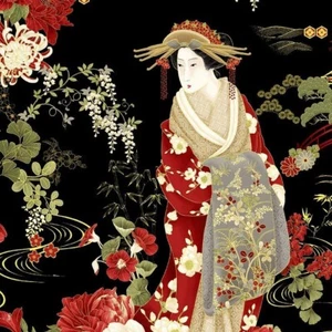 Cotton Japanese Geishas Asian Kyoto Garden Black Fabric Print by Yard D468.53 - Picture 1 of 1