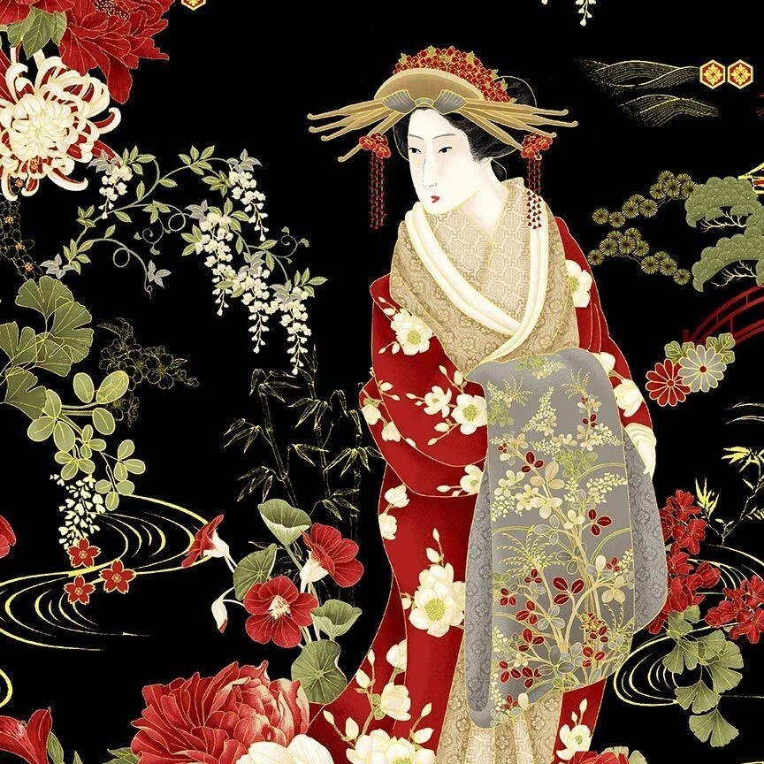 Cotton Japanese Geishas Asian Kyoto Garden Black Fabric Print by Yard D468.53 - Image 1 of 1