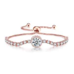 Adjustable Silver Rose Gold Tennis Cubic Zirconia Crystal Fashion Bracelet Gift - Picture 1 of 12