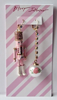 Betsey Johnson Crystal Nutcracker Mismatched Holiday Dangle Earrings New $52 - Image 1 of 4