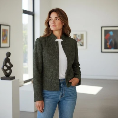 Chaqueta para mujer Eileen Fisher M negra tweed abierta clásica minimalista carrera oficina Foto 1 de 4