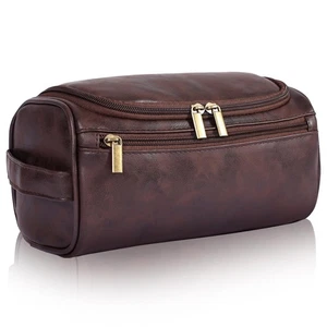 Bolsa de aseo de viaje colgante, kit doble de afeitado para hombre, cuero PU, café oscuro - Imagen 1 de 8