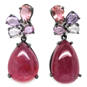 925 Sterling Silver 12 x 16 mm. Pink Ruby, Amethyst & Tourmaline Earrings - Picture 1 of 4