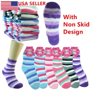 3-12 Pairs Non-Skid Cozy Fuzzy Soft Winter Striped House Slipper Socks 9-11 - Picture 1 of 1