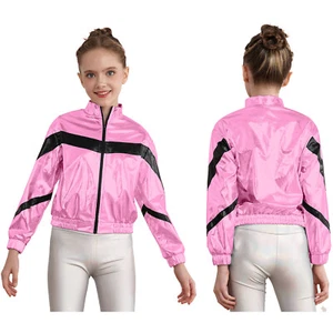 Girls Boys Shiny Metallic Bomber Jacket Hip Hop Jazz Disco Dance Competition Top - Picture 1 of 48