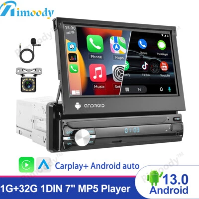 1DIN 7" Flip Out Autoradio Android 13 Carplay GPS Navi FM USB BT MP5 Player +Kam - Bild 1 von 4
