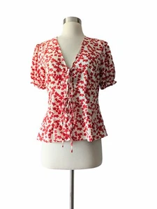 TOPSHOP Top Blouse Red White Floral Puff Sleeve Tie Front Size 6 - Bild 1 von 7