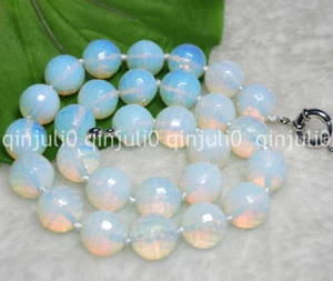 14mm White Faceted Sri Lanka Opal Moonstone Gems Round Beads Necklaces 17.5" - Picture 1 of 5