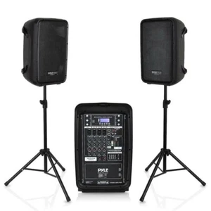 Pyle PA Speaker & DJ Mixer Bundle (2) 8’’ Bluetooth PA Speakers, 8-Channel - Picture 1 of 7