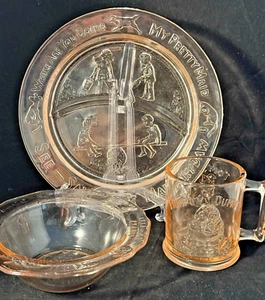 Tiara Pink Depression Glass 3 Piece Child's Plate Bowl Cup Nursery Rhymes - Picture 1 of 5