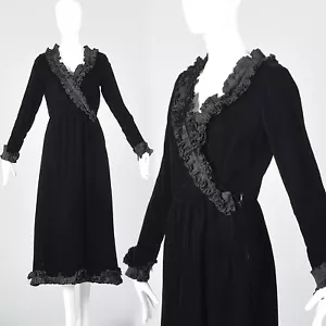 XS Yves Saint Laurent Rive Gauche Black Velvet Dress Long Sleeve Cocktail 1970s - Picture 1 of 12