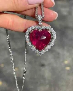 2CT Heart Cut Lab Created Pink Ruby Diamond Halo Pendant 14K White Gold Plated - Picture 1 of 6