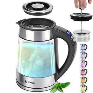 Edelstahl Glas Wasserkocher mit Temperaturwahl 2 Deckeln mit Teesieb und LED - Bild 1 von 8