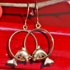 14k rose gold earrings 1.12" dolphin dangle vintage handmade 0.6gr N2817 - Picture 1 of 12