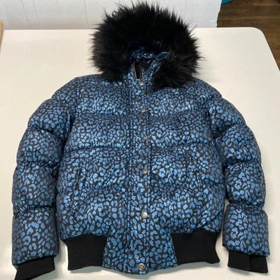 Appaman Girls  size 12 Puffer Coat w fur lined hood - Metallic Blue Animal Print - Image 1 of 4
