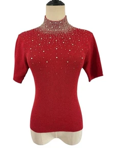 De Colección Años 90 Christine Philipe Alta Costura Rojo Cuello Simulado Estrás Cuentas Top Vacaciones M  - Imagen 1 de 7