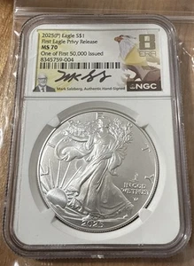 2025(P) Silver Eagle Privy NGC MS70 primer 50 k emitido marca Salzberg firmada 8 era - Imagen 1 de 5