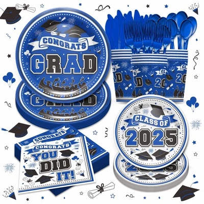2025 Azul Graduación Fiesta Suministros Vajilla Platos Tazas Servilletas para 24 Foto 1 de 4