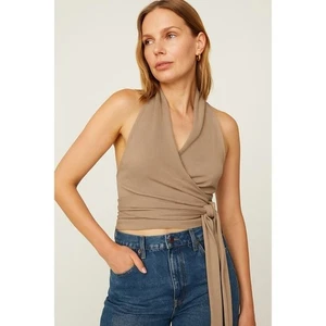 Vince Tie Waist Halter Wrap Top Beige Backless Cropped Sz S - Picture 1 of 3