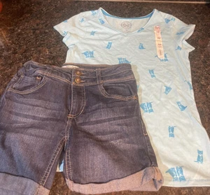 Girls 2pc Short Set MUDD Denim Shorts & SO Blue T-Shirt w/ Cats Kittens ~ Size 7 - Picture 1 of 4