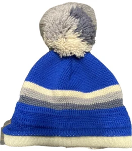 Wigwam pom beanie Vtg Toboggan Hat USA Made Blue gray Cream - Picture 1 of 5