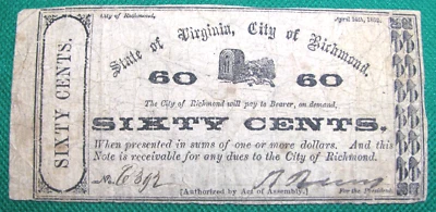 Confederate Note 1862 60 Cents Richmond, Virginia Circulated # S849 - Image 1 of 3