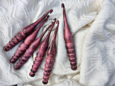 Crochet Hooks Pink Antique Needles Knit Yarn Weave Craft Wood Handmade set of 7 - Image 1 of 4