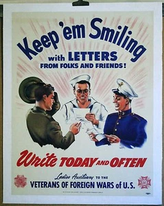 WW II V F W LADIES AUX- USMC - USN - USA KEEP 'EM SMILING" linen mounted poster - Picture 1 of 1