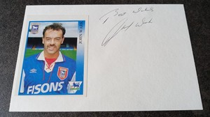 JOHN WARK Hand Signed Card + MERLIN 1994 STICKER IPSWICH TOWN AUTOGRAPH