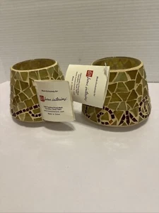 Home Interiors Mosiac Candle Shades Set Of 2 NEW W TAGSAmber Brown Topper Vtg - Picture 1 of 17