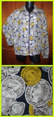 CHAQUETA DE COLECCIÓN AÑOS 90 ORO PLATA MONEDA DINERO IMPRESIÓN 100% SEDA BOMBARDERO HIP HOP CREMALLERA COMPLETA L Foto 1 de 4