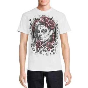 Humor Graphic T Shirt Men's Large Flame Roses Short Sleeve White - Picture 1 of 3