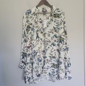 NWT Chelsea & Theodore 2X Long Sleeve Ruffle Hem High Low Floral Tunic Shirt - Picture 1 of 13